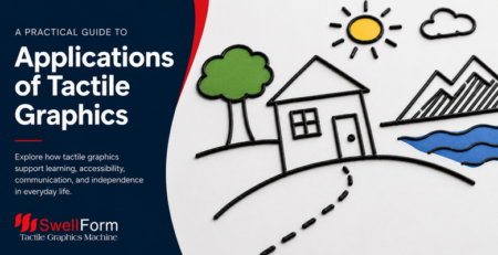 Header image for the Zychem blog article "Applications of Tactile Graphics" showing a house, tree, sun, mountains, water and cloud.