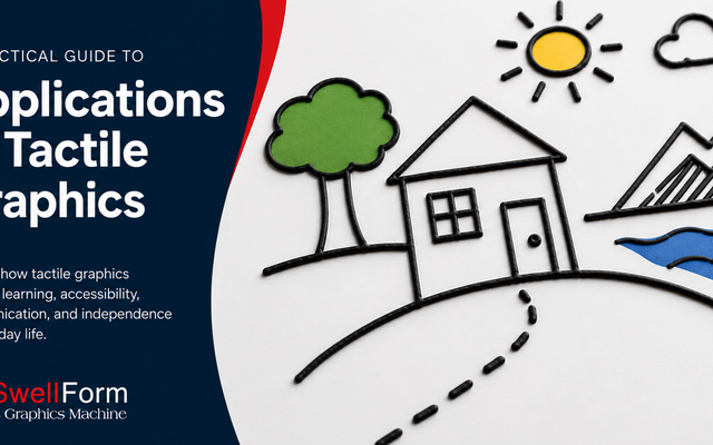 Header image for the Zychem blog article "Applications of Tactile Graphics" showing a house, tree, sun, mountains, water and cloud.