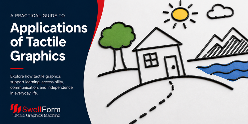 Header image for the Zychem blog article "Applications of Tactile Graphics" showing a house, tree, sun, mountains, water and cloud.