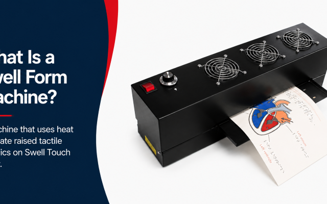 The Swell Form machine transforms content printed, copied, or drawn onto Swell Touch paper into durable tactile graphics in seconds