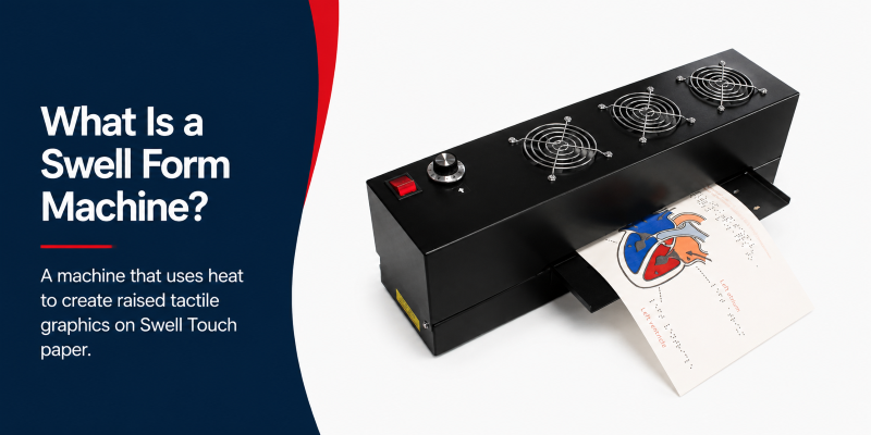 The Swell Form machine transforms content printed, copied, or drawn onto Swell Touch paper into durable tactile graphics in seconds